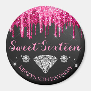 Hot Pink Glitter Drip Diamond Sweet Sixteen Magnet