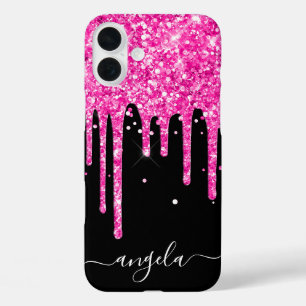 Hot Pink Glitter Drips Black Glam Signature iPhone 16 Plus Case
