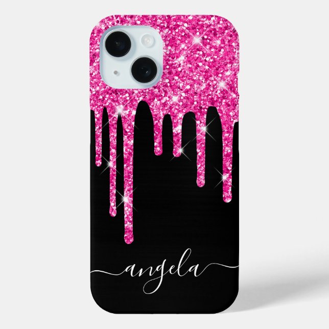 Hot Pink Glitter Drips Black Glam Signature Case-Mate iPhone Case (Back)