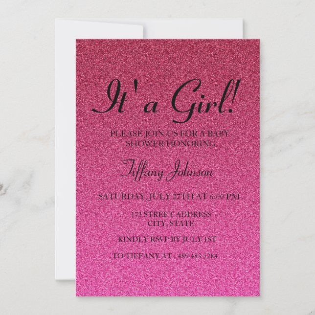 Hot Pink Glitter Faux its Girl Baby Shower Invite (Front)