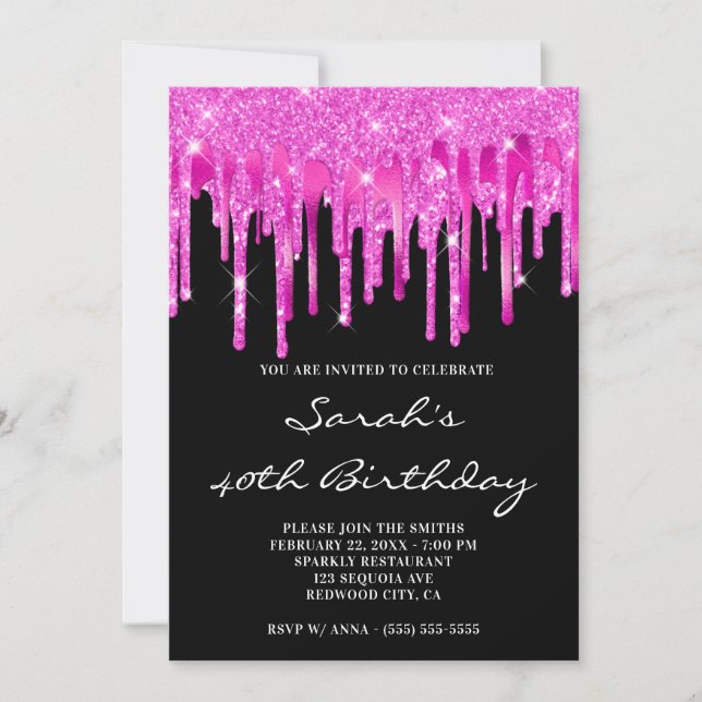 Hot Pink Glitter Foil Drips Black 40th Birthday Invitation (Front)