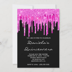 Hot Pink Glitter Foil Drips Black Quinceañera Invitation