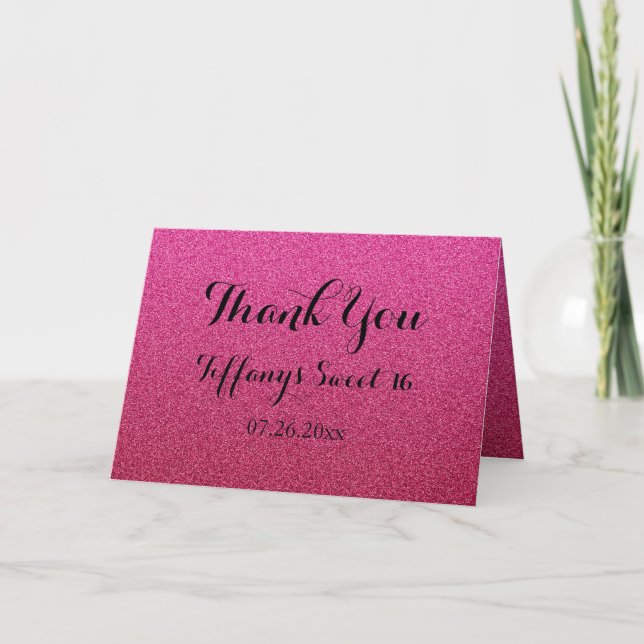 Hot Pink Glitter Fux Ombre Sweet 16 Thank You Card (Front)