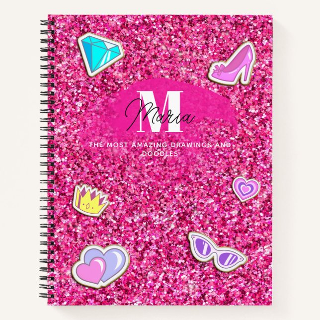 Hot Pink Glitter Girly Monogram Name Sketchbook Notebook (Front)
