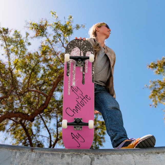 Hot Pink Glitter Girly Sparkle Personalised Name S Skateboard (Outdoor 1)