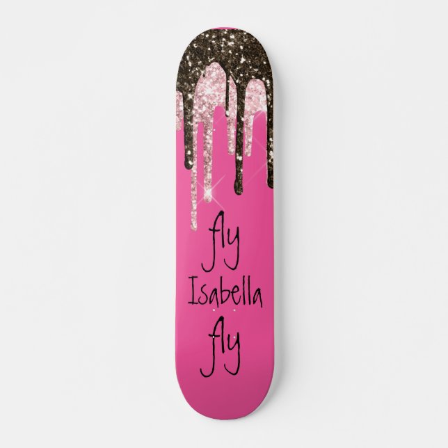 Hot Pink Glitter Girly Sparkle Personalised Name Skateboard (Front)