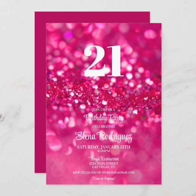 Hot Pink Glitter Glam 21st Birthday Invitation (Front/Back)