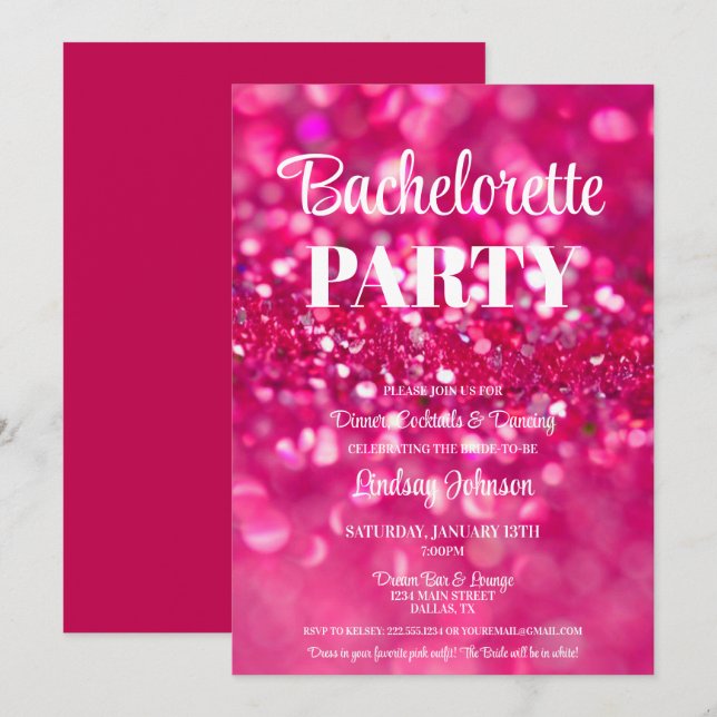 Hot Pink Glitter Glam Bachelorette Party Invitation (Front/Back)