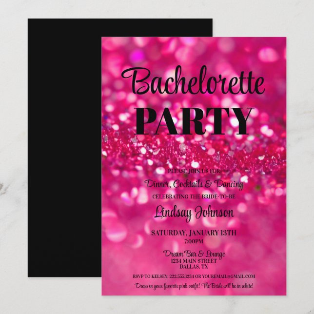 Hot Pink Glitter Glam Bachelorette Party Invitation (Front/Back)