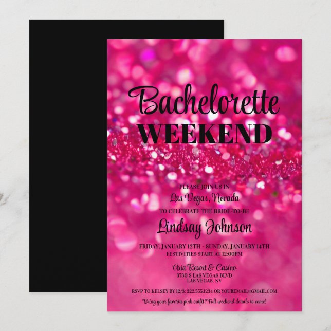 Hot Pink Glitter Glam Bachelorette Party Weekend Invitation (Front/Back)