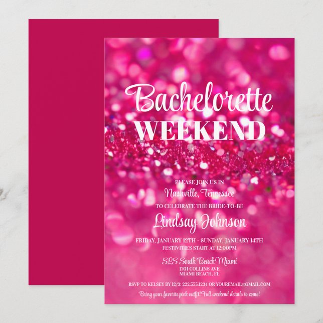Hot Pink Glitter Glam Bachelorette Party Weekend Invitation (Front/Back)