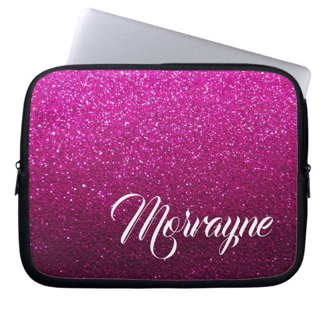 Hot Pink Glitter Glam Ombre Sparkles Fancy Name Laptop Sleeve (Front)