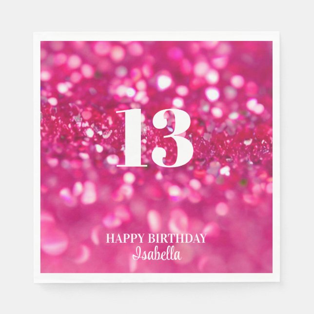 Hot Pink Glitter Glam Personalised 13th Birthday Napkin (Front)