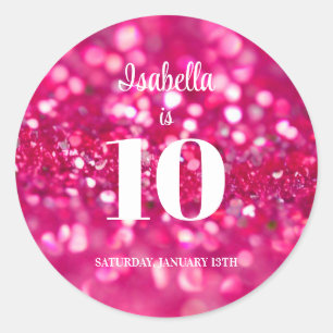 Hot Pink Glitter Glam Personalized 10th Birthday Classic Round Sticker