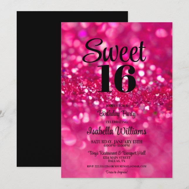 Hot Pink Glitter Glam Sweet 16 Birthday Invitation (Front/Back)