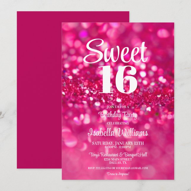 Hot Pink Glitter Glam Sweet 16 Birthday Invitation (Front/Back)