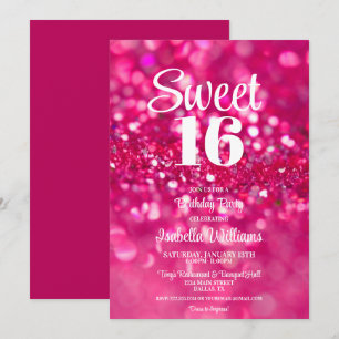 Hot Pink Glitter Glam Sweet 16 Birthday Invitation