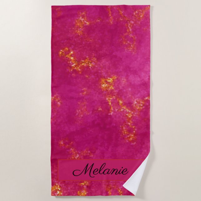 Hot Pink Glitter Gold Girly Sparkle Name Summer Beach Towel (Front)