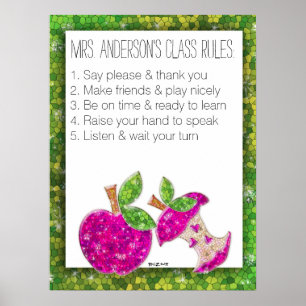 Hot Pink Glitter Green Teachers Apple Class Rules Poster