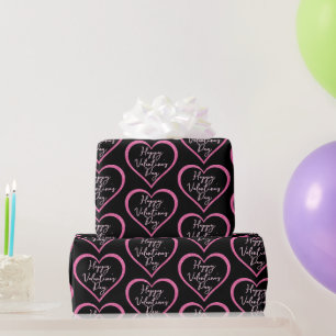 Hot Pink Glitter Heart on Black Valentine's Day Wrapping Paper