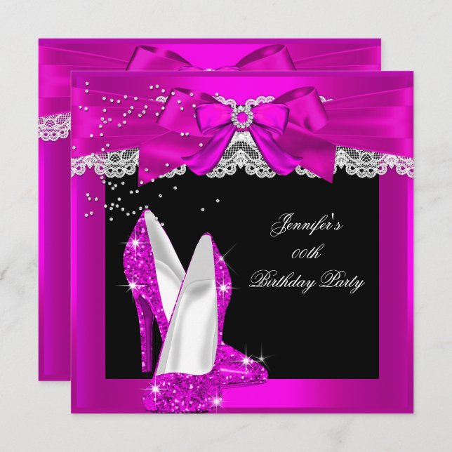Hot Pink Glitter High Heel Shoe Birthday Party Invitation (Front/Back)