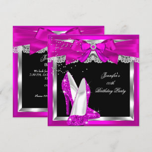 Hot Pink Glitter High Heel Silver Birthday Party Invitation