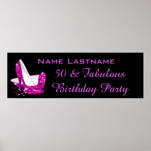 Hot Pink Glitter High Heels Birthday Banner Poster