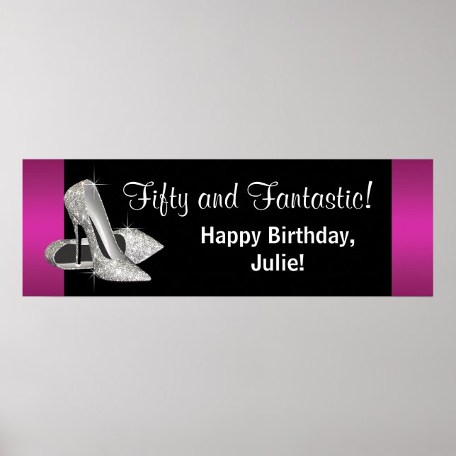 Hot Pink Glitter High Heels Birthday Party Banner Poster (Front)