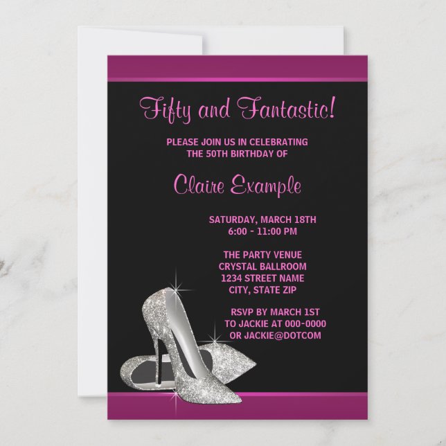 Hot Pink Glitter High Heels Womans 50th Brithday Invitation (Front)