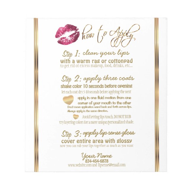 Hot Pink Glitter Lip 💋 Instructions on White Notepad (Front)