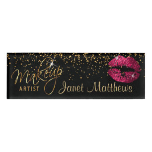 Hot Pink Glitter Lips and Elegant Gold Name Tag