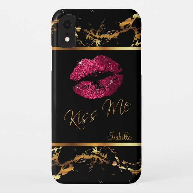 Hot Pink Glitter Lips and Gold Marble Pattern Case-Mate iPhone Case (Back)