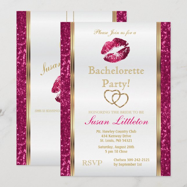 Hot Pink Glitter Lips Bachelorette Party 2 Invitation (Front/Back)