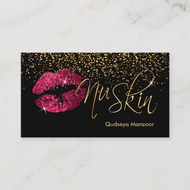 Hot Pink Glitter Lips & Gold Confetti Business Card (Front)