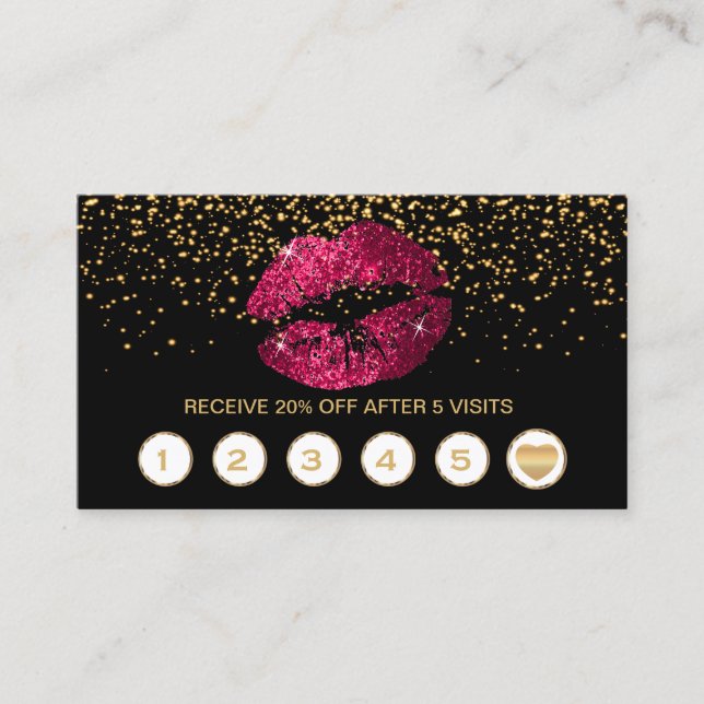 Hot Pink Glitter Lips Loyalty Cards on Black (Front)