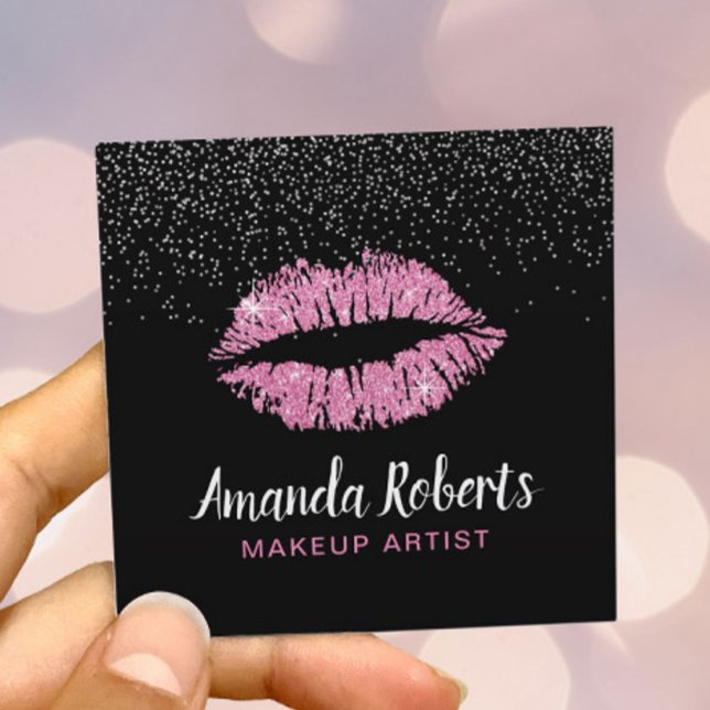 Hot Pink Glitter Lips Modern Makeup Artist Square Business Card (Creator Uploaded)