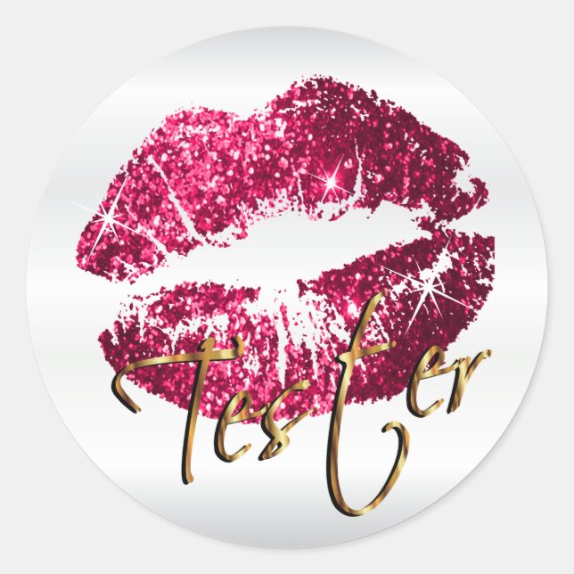 Hot Pink Glitter Lips on Satin White - Tester Classic Round Sticker (Front)