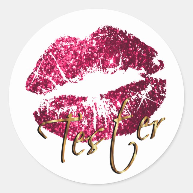 Hot Pink Glitter Lips on White - Tester Classic Round Sticker (Front)