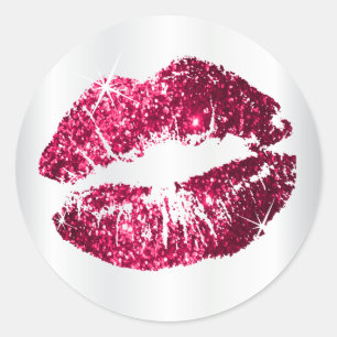 Hot Pink Glitter Lips - White Satin Classic Round Sticker