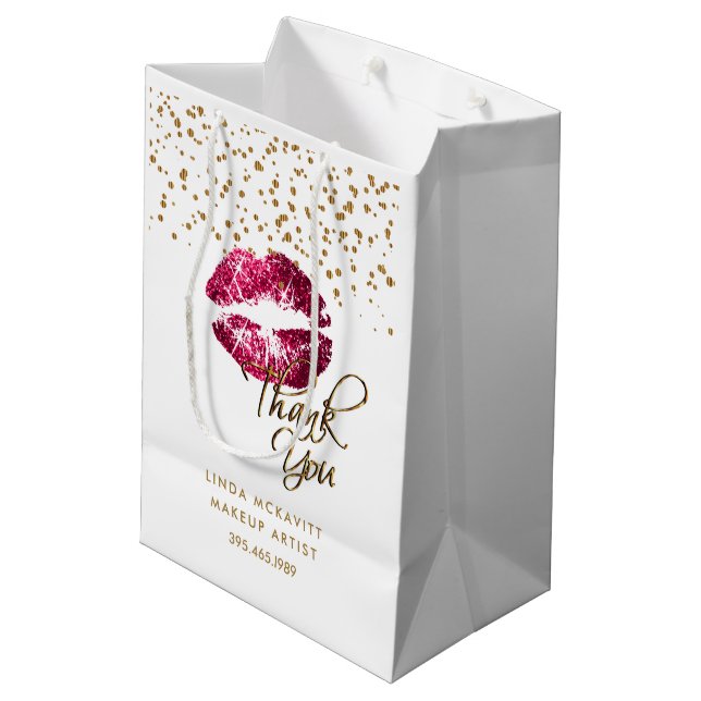 Hot Pink Glitter Lipstick on White - Thank You Medium Gift Bag (Back Angled)