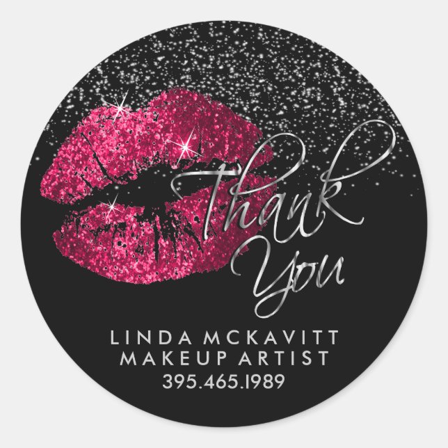 Hot Pink Glitter Lipstick 💋 Silver Thank You Classic Round Sticker (Front)