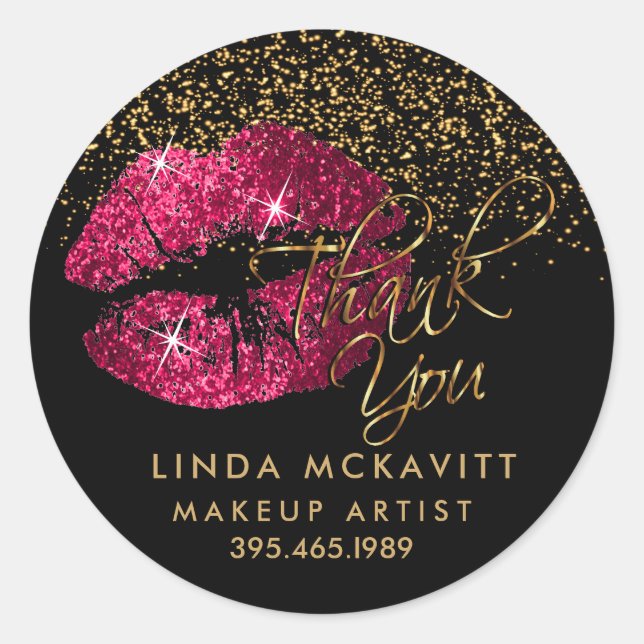 Hot Pink Glitter Lipstick 💋 Thank You Classic Round Sticker (Front)