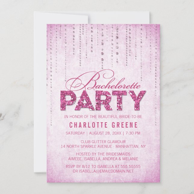 Hot Pink Glitter Look Bachelorette Party Invitation (Front)