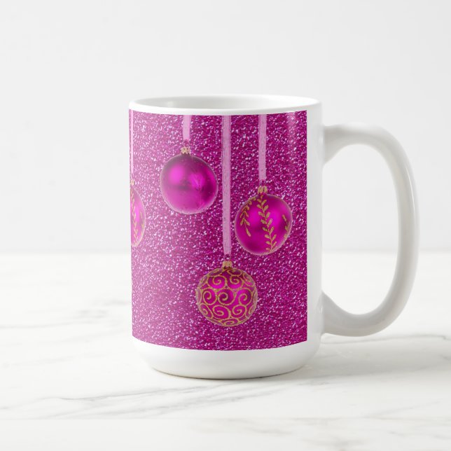 Hot Pink Glitter Merry Christmas Baubles Mug (Right)