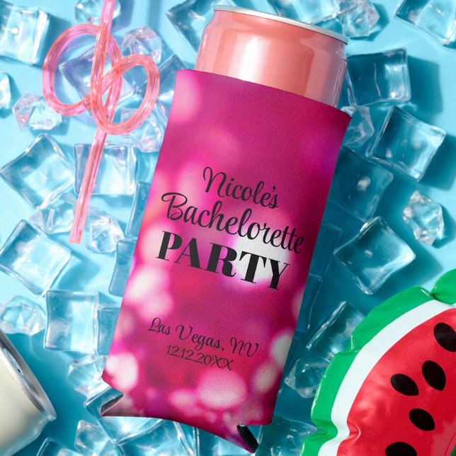 Hot Pink Glitter Modern Glam Bachelorette Party Seltzer Can Cooler (Personalized Bachelorette Skinny Setzer Cooler Holders - perfect party favors for the girls weekend!)