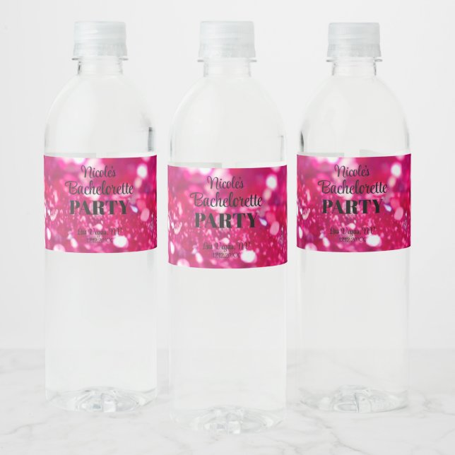 Hot Pink Glitter Modern Glam Bachelorette Party Water Bottle Label (Bottles)