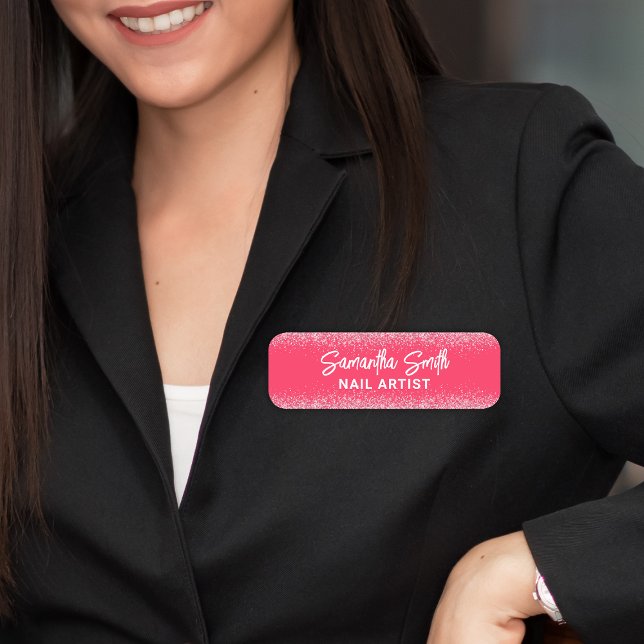Hot Pink Glitter Nail Artist Salon Name Tag (Creator Uploaded)