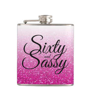 Hot Pink Glitter Ombre 60 and Sassy 60th Birthday Hip Flask