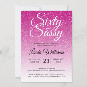 Hot Pink Glitter Ombre 60 and Sassy 60th Birthday Invitation
