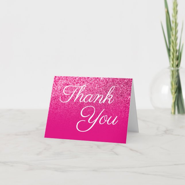 Hot Pink Glitter Ombre Elegant Calligraphy Thank You Card (Front)